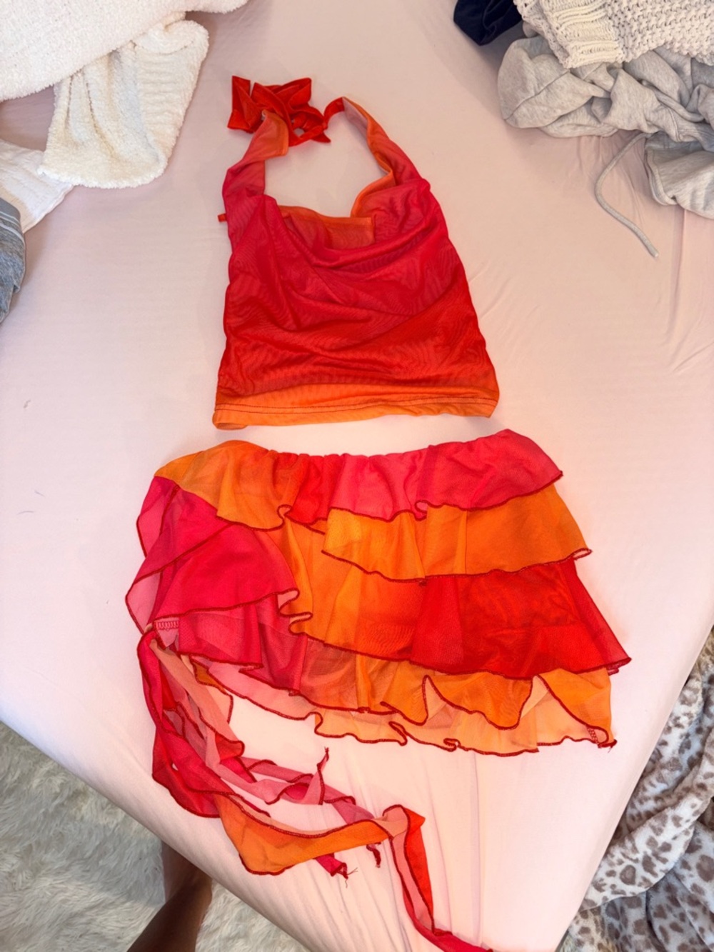 Ruffled Two-Piece Halter Top & Skirt Set in Sunset Red-Orange